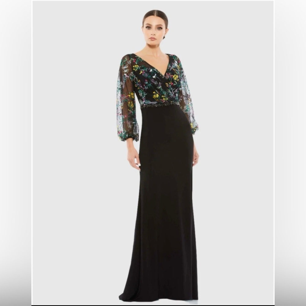 Mac Duggal Black Evening Gown with Multicolor Floral Embroidery size 6 New